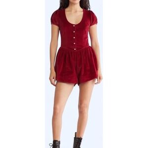 Free People Silver Bells Red Velvet Romper Button Up Puff Sleeve Victorian M NEW